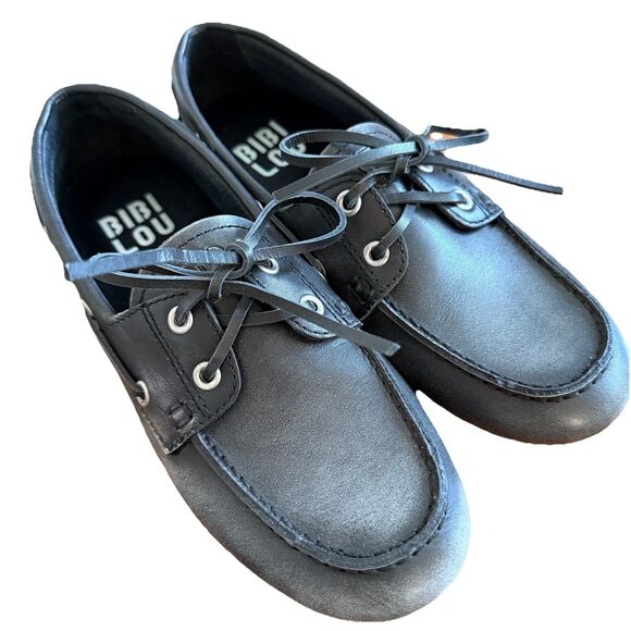 Bibi Lou Anthropologie Boat Shoes Sz EU 37 US 6-6.5 Black Leather Lace Up - Picture 1 of 10